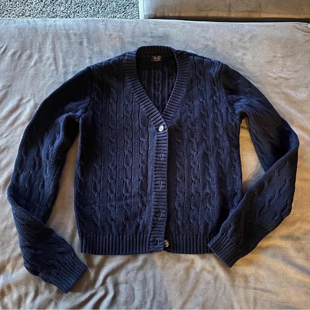 Brandy Melville Dark Blue Cable Knit Cardigan OS (Small) Collegiate Berkeley